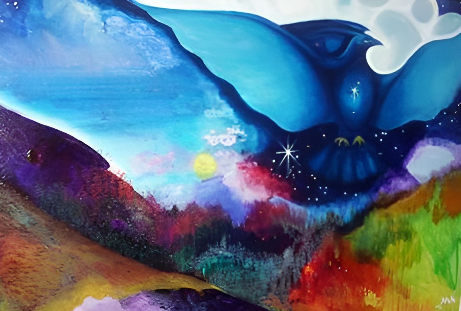 Blue bird and landscape painting by Mary Jill Alice Roe Bennett